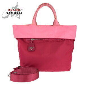 Prada Tessuto triangular logo plate reversible nylon tote bag shoulder red pink